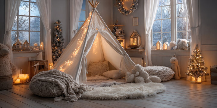 Decorated children's bedroom featuring festive christmas tree, wrapped presents, and twinkling fairy lights surrounding decorated teepee tent in minimalist scandinavian design - Powered by Adobe