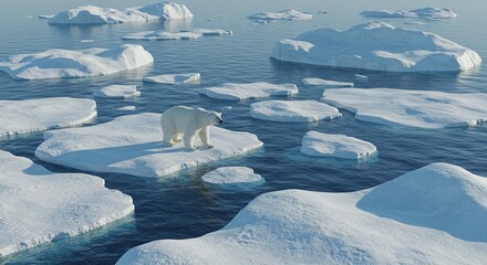 Polar bear habitat disappearing, large ice sheets broken into pieces floating in open water, climate change effect