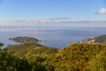 View of Budva and the island of St. Nicholas bay in Montenegro