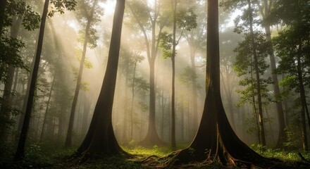 Sunbeams pierce misty forest canopy illuminating ancient trees