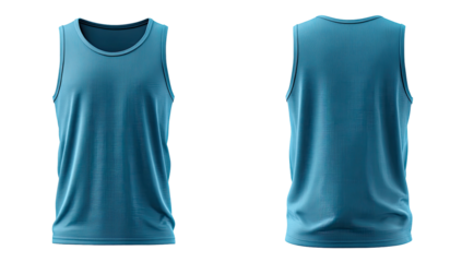 Front and back view of a teal sleeveless athletic top.  Sporty, simple design.  Flat lay, digital render