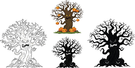 Fototapeta premium Vector art of a collection of spooky halloween trees with pumpkin faces, perfect for adding a creepy touch to designs