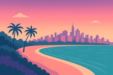 Curved coastline of Mumbai’s Marine Drive shown at sunset with high-rises and palm trees. A peaceful evening seascape in soft colorful tones.
