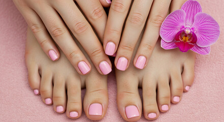 Manicured Hands and Pedicured Feet with Pink Polish and Orchid Blossom on Pink Background