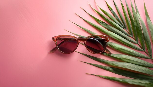 stylish sunglasses and palm leaf on pink background - Powered by Adobe