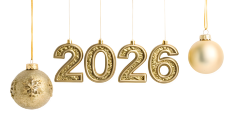 Golden 2026 numbers and ornaments hang against a dark background celebrating new year