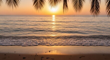 Tropical beach at sunset with palm fronds framing the scene