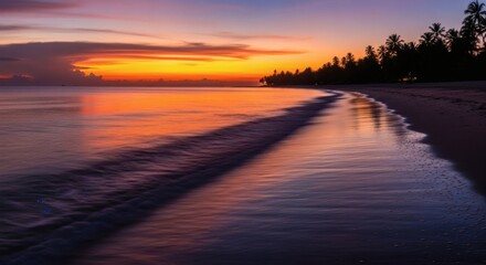 Tropical beach at sunset with silhouetted palm trees and vibrant sky