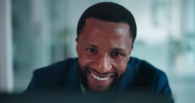 Happy, business or black man in office with tech, reading report or good news for finance invoice. Feedback, review email or person with smile, online communication or website for positive outcome