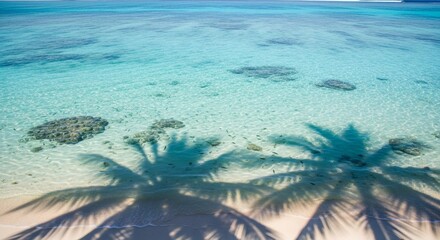 Tropical beach with shallow turquoise water coral reefs and palm tree shadows