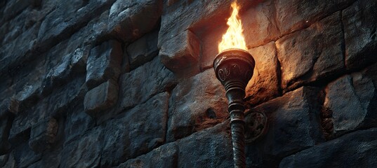 Stone wall with torch sconce lighting, medieval castle interior design, dungeon background, fantasy theme décor