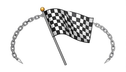 A checkered racing flag is held aloft by a metal pole, with chains looping around it.