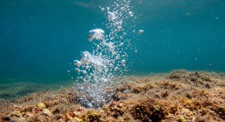 Underwater view of air bubbles rising from the seabed with marine growth