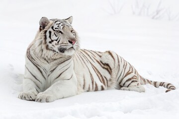 Obraz premium White Tiger Resting Peacefully in the Snowy Landscape of Winter