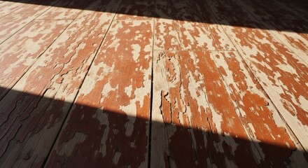 Weathered wooden planks with peeling red paint and dappled sunlight