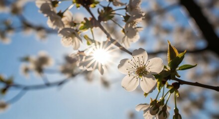 White cherry blossoms on a branch with sunburst effect against a blue sky