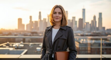 Woman in trench coat holding a folder on a rooftop with cityscape background