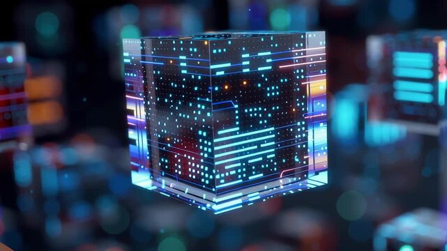 A computer generated image of many cubes in various colors. The cubes are arranged in a way that they appear to be floating in the air. The image has a futuristic and technological feel to it