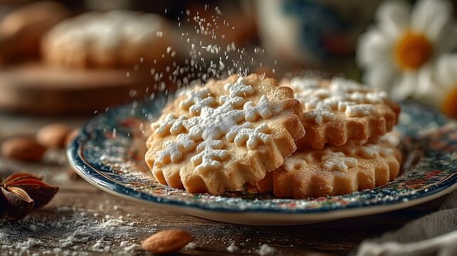 Snowflake - Shaped Cookies With Powdered Sugar, Placed On Floral - Decorated Porcelain Plate, Creating Warm Baking Food Atmosphere