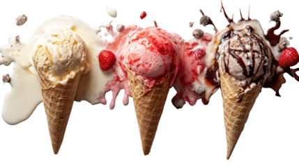 Melted ice cream cones with splashes.  Three different flavors vanilla, strawberry, and chocolate.  Drizzled sauces and berries