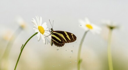 Zebra butterfly on a daisy with water droplets