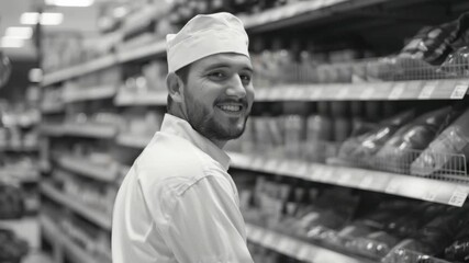 A happy chef smiling at customers while stocking groceries in a store. Chef's attire and engaging expression suggest professionalism and service-oriented business.
