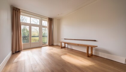 Fototapeta premium stunning photo of natural light fills an empty room with light oak flooring and white walls a large bay window features a cozy wooden seat creating a warm and inviting