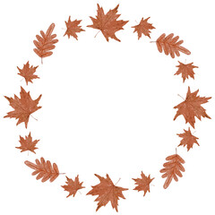 Hand-drawn watercolor circular wreath with autumn red Marple and Rowan leaves