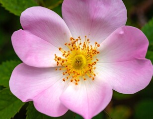 Delicate Pink Flower with Bright Yellow Center in Soft Focus Macro Shot