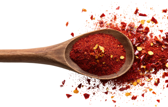 Wooden spoon filled with red spice blend, surrounded by scattered chili flakes