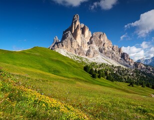 Obraz premium view of ra gusela mountain with green meadows and blue sky dolomites italy