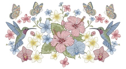 Hand-drawn vintage illustration featuring two hummingbirds and butterflies hovering over a beautiful bouquet of tropical hibiscus and plumeria flowers
