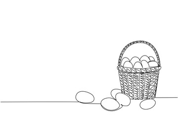 Continuous line drawing of a woven basket with eggs spilling out, celebrating National Egg Day in a nature concept with food theme, expressing abundance, freshness, and farm life.