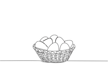 Single line drawing of a woven basket full of eggs, representing National Egg Day in a nature concept with food theme, highlighting freshness, farm produce, and sustainable living.