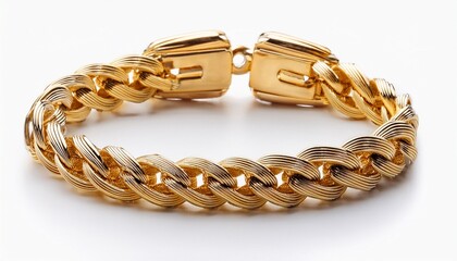 chunky gold chain bracelet laid flat with detailed clasp showing isolated on white