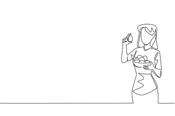 Continuous line drawing of a woman holding an egg and a basket full of eggs, celebrating National Egg Day in a health concept with food theme, emphasizing nutrition, care, and freshness.