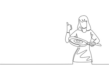 Continuous line draw of a woman cooking high protein omega eggs in a pan, celebrating National Egg Day in a culinary concept with food theme, promoting healthy eating, freshness, and daily nutrition.