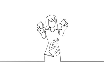 Continuous line drawing of a woman holding two healthy omega eggs, celebrating National Egg Day in a nature concept with food theme, representing abundance, freshness, and wholesome nutrition.