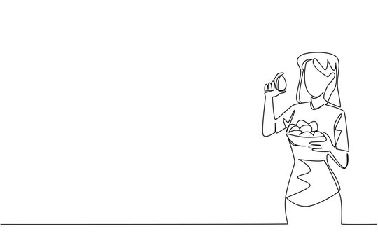 Continuous line drawing of a woman holding an egg and a basket full of eggs, celebrating National Egg Day in a health concept with food theme, emphasizing nutrition, care, and freshness.
