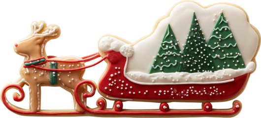 Christmas Rudolph's Sledding cookie, icing  gingerbread Designs isolated on transparent and white background. PNG