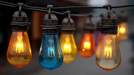 the image shows a string of outdoor lights hanging against a blurred background
