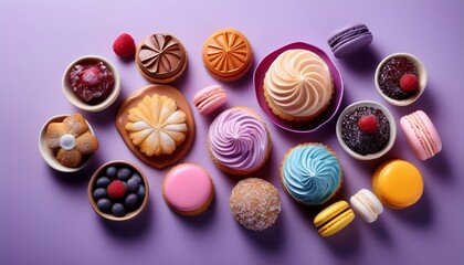 Fototapeta premium colorful array of sweet treats and desserts on a soft purple background