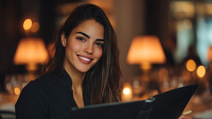 Smiling woman in a black shirt holding a menu in a dimly lit restaurant with warm lighting ambiance