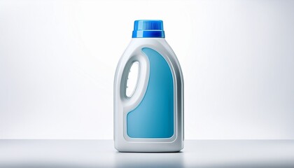 white plastic detergent bottle with a blue cap the bottle has a built in handle for easy pouring and a simple clean design isolated on white background