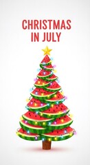 Christmas in july text with watermelon slices stacked as a Christmas tree adorned with colorful lights and a star on top.
