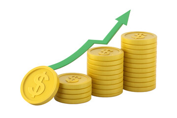 Yellow dollar coins stacked in ascending piles with green arrow graph money finance