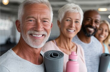 smiling senior people with yoga mats and water bottles standing together in a fitness center