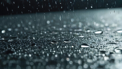 Macro view of raindrops on a reflective wet surface, perfect for abstract backgrounds, nature themes, and moody weather design.
