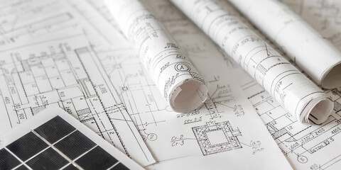 sustainable architecture tools and materials: blueprints, solar panel, wood textures, fabric swatches, and stones. Eco-friendly design, conscious construction and green innovation.