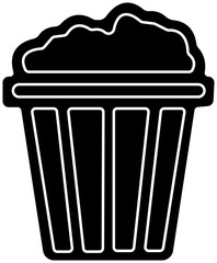 Popcorn icon.Vector illustration of Classic red and yellow striped popcorn bucket exploding with tasty buttery popcorn black and white drawing.Outline, glyph, filled outline style.